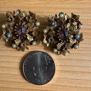 Vintage Floral Gold and Purple Clip-On Earrings